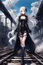 Placeholder: a captivating gothic anime girl, her ethereal beauty accentuated by porcelain skin and vibrant blue eyes. She stands firmly on a train track, legs wide apart, hands on hips, wearing a sleek black dress with lace details and a gun holstered on her thigh. Her flowing white hair billows in the wind as the smoky background portrays a chaotic scene of crumbling buildings and raging flames, emphasizing the imminent arrival of the train.