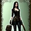 Placeholder: steampunk, dark forest, black hair, long legs, leather clothes