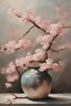 Placeholder: oil painting wall art japandi style of a pot of sakura flowers in mute tone and pinkish shade