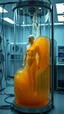 Placeholder: Sleeper in tube cabinet made of glass filled with honey coloured liquid , in a laboratory inside it a human body standing vertically , connected with wires and electrical wires , the human standing in side, a high tech equipment in the background ,4K, cinematic, high resolution