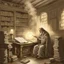 Placeholder: a stooped medieval genius in his study, sun rays, mist forming phantoms, by artist "Ingrid Umber",by artist "Sienna Lamberts"