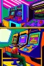 Placeholder: a millineal teenage boy is playing video arcade games, bright colored clothes from the 90s, hairstyles of that time