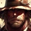 Placeholder: Clear focus, High resolution, max detail, Portrait, bearded, Gunslinger, Cowboy, cowboy hat, serious face, Blood Splatter