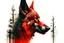 Placeholder: Pintura en doble exposicion de caperucita roja y un perfil de lobo siniestro, foco nítido, fondo claro de un bosque.
