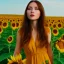 Placeholder: woman standing in sunflower field, back, wind, long brown hair, yellow dress