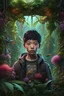 Placeholder: Expressively detailed and intricate 3d rendering of a hyperrealistic: asian boy, cyberpunk plants and flowers, neon, vines, flying insect, front view, dripping colorful paint, tribalism, gothic, shamanism, cosmic fractals, dystopian, dendritic, artstation: award-winning: professional portrait: atmospheric: commanding: fantastical: clarity: 16k: ultra quality: striking: brilliance: stunning colors: amazing depth