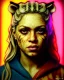 Placeholder: portrait, Shakira, blonde artist, angry, Realistic image, MMA robe, hoodie, mouthguard, nose, band aid, loose long hair, eyes make up, line gold make up, glow, circle iris. Tiger texture, Rain, fog, Neon colors, leds. Dark background, photo studio, neon lights. concept art, smooth, unreal engine 5, god lights, ray tracing, RTX, lumen lighting, ultra detail, volumetric lighting, 3d, finely drawn, high definition, 4k.