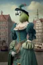 Placeholder: Female Half parrot half human in a 1700s outfit next to a Dutch city