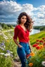 Placeholder: beautiful girl supper model, in nice red top ,blue pants, with curvy hair,perfect face,perfect eyes,country side wavy narrow river ,wild flowers ,blue sky nice clouds,