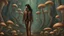 Placeholder: woman with black hair, in light brown leather trousers and jacket, walking through a forest of Alien mushrooms with jellyfish tentacles, photorealistic, Deep Colour, Intricate Detail, Keith Parkinson