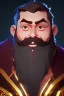 Placeholder: Fantasy Bearded strong man wearing a thick fur-lined merchant's coat, wearing gold rings, divine, halo, happy smiling, portrait, high definition, realistic, long hair, dynamic lighting, volumetric lighting, mustache