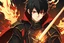 Placeholder: um garoto de anime aparência 16 anos na era medieval um cabelo preto olho esquerdo ,olho direito vermelho com uma espada preta e poderes de fogo usando uma capa preta e uma roupa preta com detalhes vermelhos