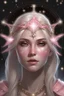 Placeholder: Generate a dungeons and dragons character portrait of the face of a female aasimar. She is a circle of the Stars Druid. Her hair is off-white pink and voluminous. Her skin is very pale. Her eyes are black. She wears a dainty circlet made of silver coated branches with stars and constellations. Show her in her starry form.