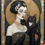 Placeholder: Mixed media, a tall beautiful woman with the head of a Siamese cat, wearing a black dress with pearls and long black gloves, she is holding a cigarette in a cigarette holder, background in the style of art deco Klimt, George Barbier, 3d, Bas relief, encaustic, gold leaf accents.