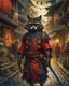 Placeholder: highly detailed concept illustration of an alternate reality ancient China samurai racoon wanderer in a street, maximalist, highest resolution, Masahiro Ito, boldly inked, 8k, coarse, red