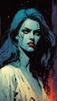 Placeholder: create a hardened, vampire girl in the comic book art style of Mike Mignola, Bill Sienkiewicz and Jean Giraud Moebius, , highly detailed,, grainy, gritty textures, , dramatic natural lighting