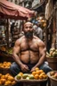 Placeholder: half figure photography of a burly chubby muscular strong 39-year-old arab in Istanbul bazaar, ajar mouth, shirtless, short beard, bald, selling fruits sitting on an old chair, big shoulders, bulge, manly chest, very hairy, side light, view from the ground