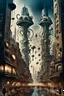 Placeholder: a stunningly weird image of a futuristic metropolis using Salvador Dali's paranoiac-critical method, where buildings and structures appear to melt into the skyline cityscape is filled with floating medusas and mad, twisted metal shapes that interact with the buildings and each other, forming a surreal tableau of a dreamlike reality. neu-steampunk vibe, essence of the scene in a cinematic manner, with dramatic shadows that enhance the distorted perspectives and bizarre mood