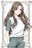 Placeholder: attractive anime woman with brunette long hair, t-shirt and sweatpants, full body in frame,