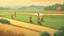 Placeholder: Rice field，Trees，Warm color palette，Animation，A lovely grasshopper，People who work