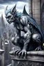 Placeholder: captivating and highly detailed fantasy, gothic illustration featuring a grayish Gargoyle with curly bluish hair crouching above the city, leaning forward to observe the people below. Style of artist Anne Stokes, Gothic, Dark Fantasy, photo, 3d rendering, cinematic