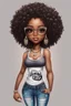 Placeholder: Create a whimsical chibi image of a black female with shoulder length tightly curl ombre afro, black silky and brown eyes. Long eye lashes wearing a torn jeans and tank top with diamond studded "pretty" on the front, sandals , plus size body style. Diamond studded glasses and hoop earrings forward facing, 2k, white background