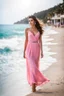 Placeholder: The 1 beautiful Turkish girl with nice blue eyes wearing a pink - blue dress walks in shore toward camera , sharp focus, natural light, vertical composition, relaxed and natural, fresh and comfortable ,in seaside there are luxury beach hotels.