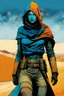 Placeholder: create a fine art print full body illustration of a rugged gritty, roughly textured, hooded, blue eyed, Fremen female mercenary with highly detailed feminine facial features, amidst the swirling desert sands of Arrakis, in the comic book art style of Bill Sienkiewicz, and Jean Giraud Moebius, finely textured, drawn, colored, and inked,