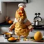 Placeholder: A funny and cute chicken in the shape of a human wearing cooking clothes that look the same color as his skin in the kitchen, cooking and carrying a pot of eggs.