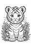 Placeholder: cute coloring page, sketch style, cute baby tiger in the jungle, cute cartoon, white and black, withe background, no shadows, outline.