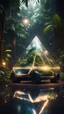 Placeholder: a car shaped like a capped tetrahedron without a top in dark lit reflective wet jungle metallic hall dome hotel tunnel, in the style of a game,bokeh like f/0.8, tilt-shift lens 8k, high detail, smooth render, down-light, unreal engine, prize winning