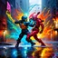 Placeholder: a dual fight, futuristic, sci fi fantasy art, graffiti art, splash art, street art, spray paint, oil gouache melting, acrylic, high contrast, colorful polychromatic, ultra detailed, ultra quality, CGSociety