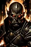Placeholder: A great Orc with light-grey skin and red eyes. He wears black armor. Over his head he wears a flaming crown made of fire. In his right hand he wields a sword made of fire. In the image you must see at least half a bust. It must be comic-book style.