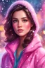 Placeholder: Digital painting of a beautiful girl in a stylish pink jacket, front view, Anna's face, dark hair, hazel eyes, rosy cheeks, pink lips, Disney art, snowfall, colorful bokeh background, digital painting style, High Quality, 4k