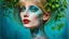Placeholder: old retro photography, faded vignette, worn and cracked, double exposure, surrealism, blonde humanoid from another world, red lips, half body, greenish blue pale transparent glowing skin, plants growing out of head, tattoo, alien transparent eyes, hyperdetail, double exposure, Anna Razumovskaya, Anna Dittmann, Luis Royo, neo-impressionism, expressionism, oil painting. Vivid, detailed and textured brushstrokes reminiscent of Royo and Peter Coulson. Deep colors and dramatic lighting with cinematic