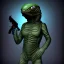 Placeholder: Alien, snake, metaljellyfishsombrero, vest, hands, holding gun, holster, steel military boots, squishy, chest plate, oxygen mask, bulbus nos snout, reptile pupil, blasterrifle, jacked, sail, body suit, shin gauntlet