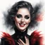 Placeholder: Hyperrealistic close-up of a pretty woman with black highlights. She is wearing a red gothic dress with a black fur collar. The woman is standing with her hands spread out and smiling directly into the camera. The eyes have black eyeshadow. The skin is flooded with light and shines a little. Ultra-detailed photorealistic airbrush watercolor, isolated