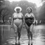 Placeholder: [photo by Diane Arbus] two very different middle age ladies in wearing swimsuits caught in a heavy summer rain in central park, happy with no inhibitions