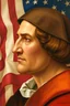 Placeholder: an expressive painting of Christopher Columbus side view face with the American flag in the background, might see a companion with features of absolute strength and determination, blended with warmth and deep faith. Perhaps his head expresses wisdom and courage, with eyes radiating confidence and faith.