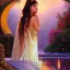 Placeholder: hyperdetailed oil on canvas, young Georgina Chapman by a temple fountain, beautiful, detailed face, long dark hair, surrounded by luminous colorful sparkles, airbrush, depth of field, Octane Render, by Gaspar Camps, Maxfield Parrish, Alphonse Mucha, Cyril Rolando, volumetric lighting, dusk, 16k