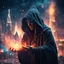 Placeholder: hooded wizard casting spells, covered with glowing crystals, fire particles in air, destroyed city in background, night, bright colors, glowing sparkle particles, dark tone, sharp focus, high contrast, 8k, incredible depth, depth of field, dramatic lighting, beautifully intricate details, clean environment, epic dynamic scene