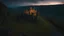 Placeholder: low-level shot of a ruined fantasy castle overlooking a valley, on a cliff top, after sun down, clouds glowing