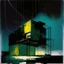 Placeholder: Minimal abstract oil painting of a in concrete warehouse brutalist architecture and hanging wires illuminated at night. With triadic colours. In the style of Justin Mortimer and Phil Hale, Ashley Wood