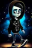 Placeholder: a cute animation boy, skateboarding , trendy hoody, 8 k, tim Burton skeleton style from the movie "night before Xmas", realistic animation, gothic