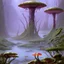 Placeholder: looking out over a lake, in an alien forest, flying mushrooms with jellyfish tenacles formed into gnarled trunks, Roger Dean