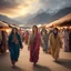 Placeholder: Hyper Realistic Photographic-Low-view of some-Pashto-Young-Happy-Women happily walking in a Traditional-Pakistani-Market-with-lots-of-people-with-cloths-hanging & beautiful-Mountains-&-cloudy-sunset-behind with dramatic & cinematic ambiance