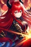 Placeholder: girl, masterpiece, best quality, cinematic lighting, detailed outfit, vibrant colors, perfect eyes, long hair, red hair, red eyes, dragon girl, armored clothes, angry, looking down, dragon horn,