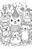 Placeholder: HAPPY NEW YEAR coloring page for kids, Animal friends sharing New Year wishes, thick outline, low details, no shading, no color