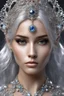 Placeholder: AI 3d photo realistic portrait of young woman, beautiful, shiny hard eyes, make up, Fantasy style, shiny baubles, ornate, large gemstones, shiny molten metalics, shiny wire filigree, silver hair, high definition, high res, octane render, 64k, 3d