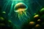 Placeholder: Stwórz hiperrealistyczny obraz meduzy pod czystym oceanem, glonów i roślin pod powierzchnią morza oraz mistycznego blasku za meduzą, wodnym cudem, Tajemniczy